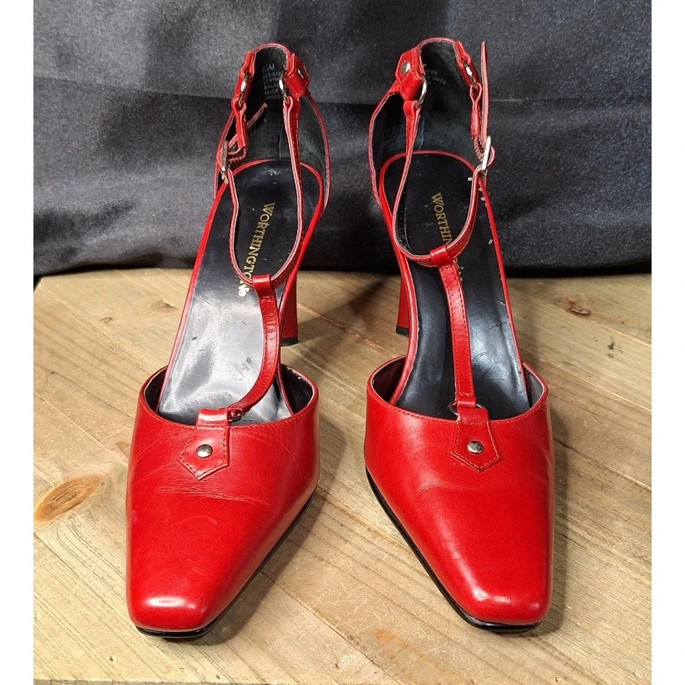 Worthington Shelby Red Leather T-Strap Square Toe Heels Pumps 6.5M 023-5177